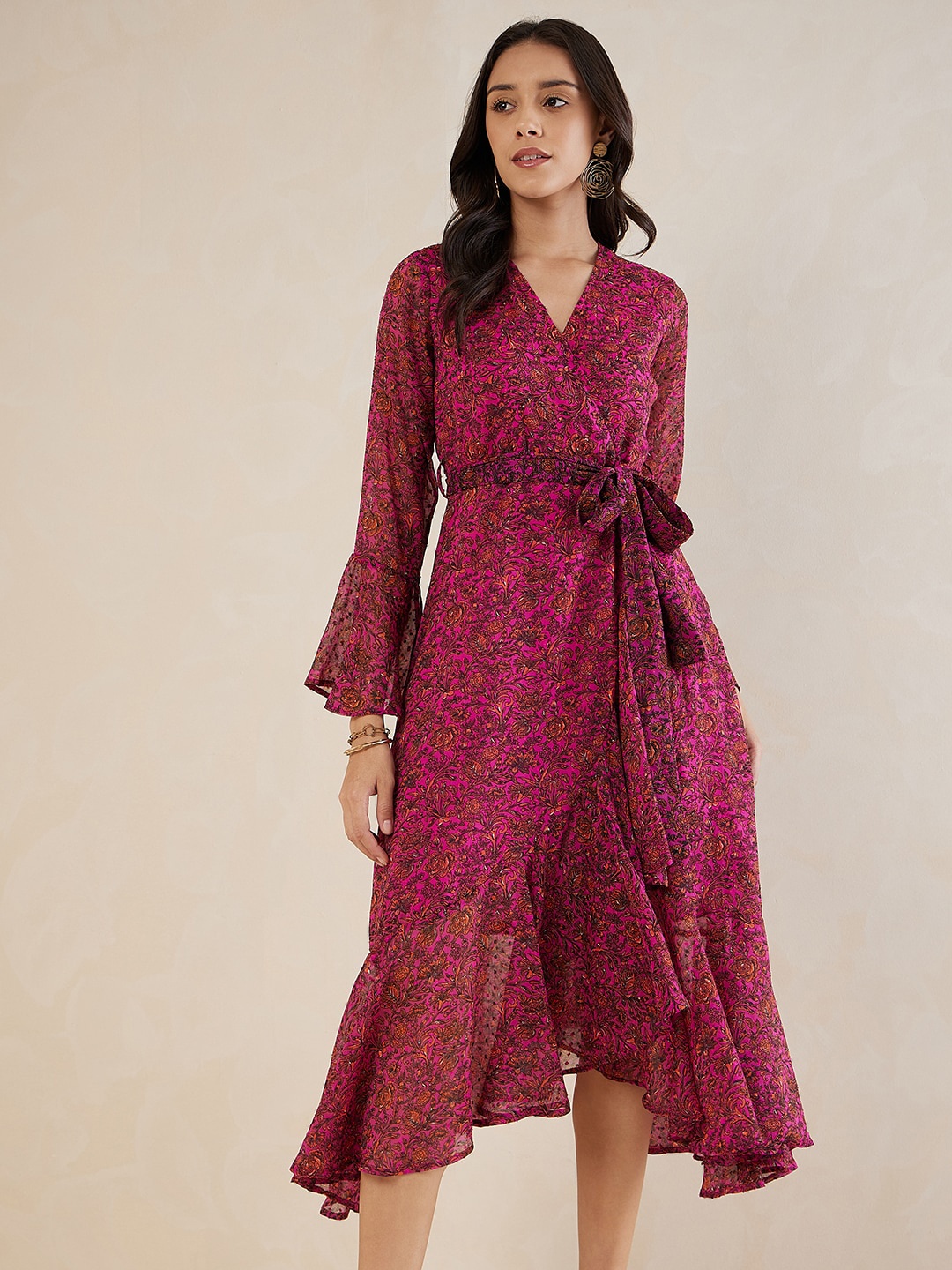 

Femella Floral Printed Bell Sleeves Chiffon Wrap Midi Dress, Pink