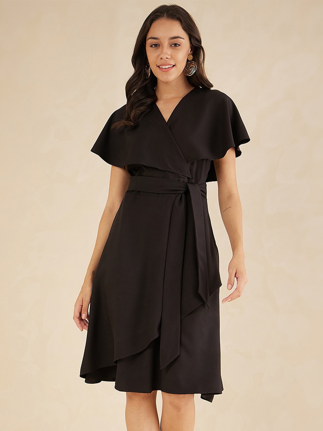 

Femella Flutter Sleeves Wrap Dress, Black