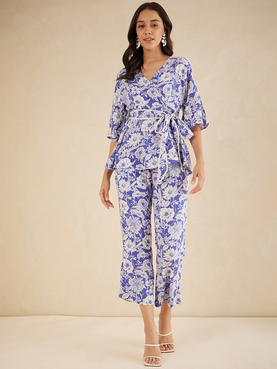 

Femella Floral Printed V-Neck Tie-Up Tunic With Trousers, Blue