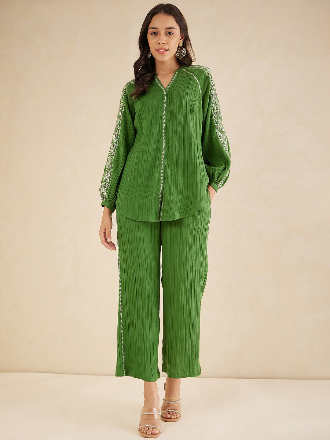 

Femella Embroidered Cotton V-Neck Top With Trouser, Green