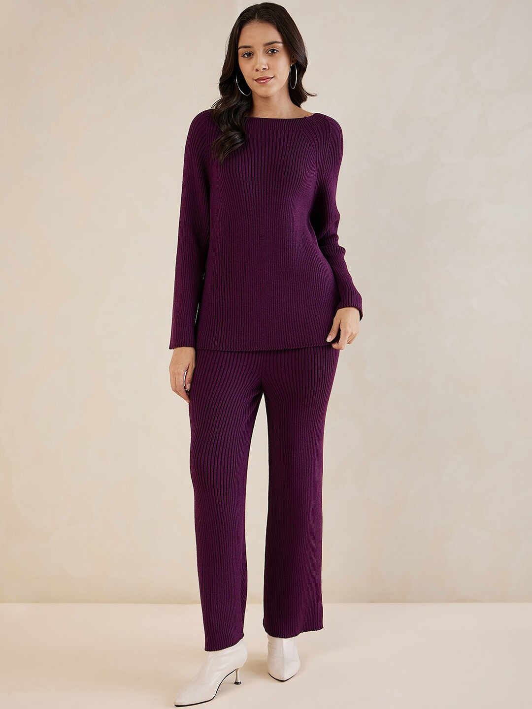 

FEMMELLA Round Neck Top with Mid Rise Trouser, Purple