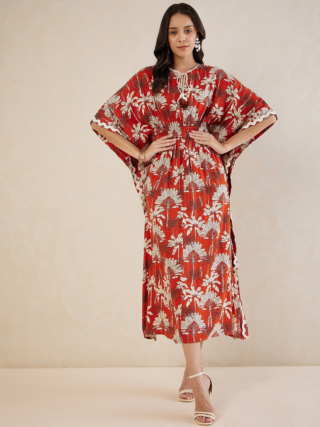 

Femella Ethnic Motifs Printed Tie-Up Neck Kaftan Midi Dress, Rust