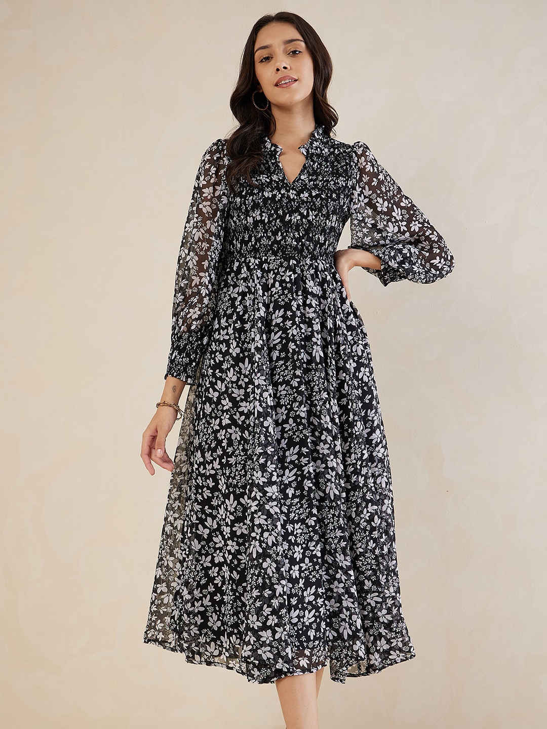 

Femella Floral Printed Puffed Sleeves Smocked Chiffon Fit & Flare Midi Dress, Black