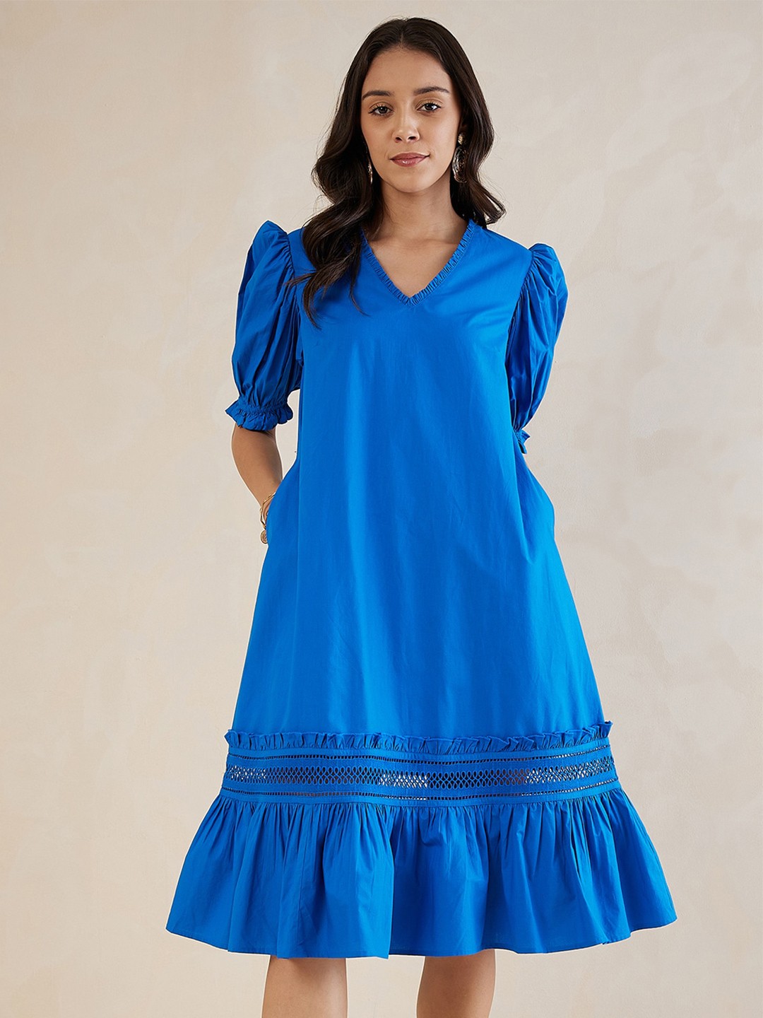 

Femella V-Neck Puff Sleeves Pure Cotton A-Line Dress, Blue