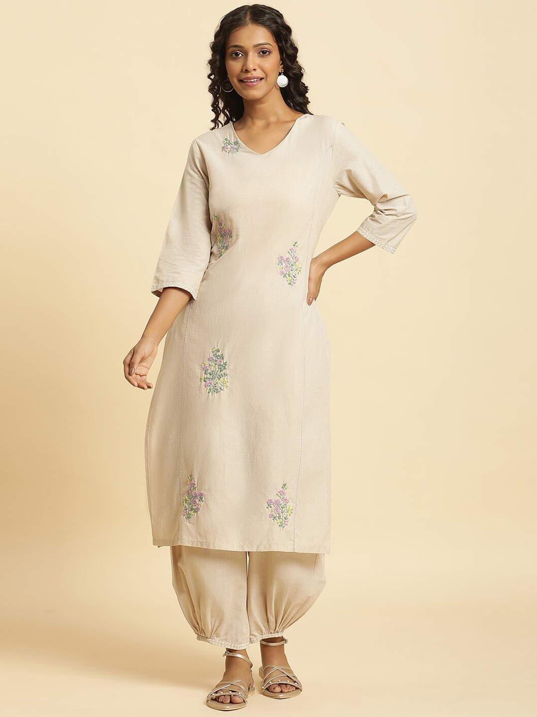 

W Beige Floral Embroidered Thread Work Pure Cotton Kurta with Salwar