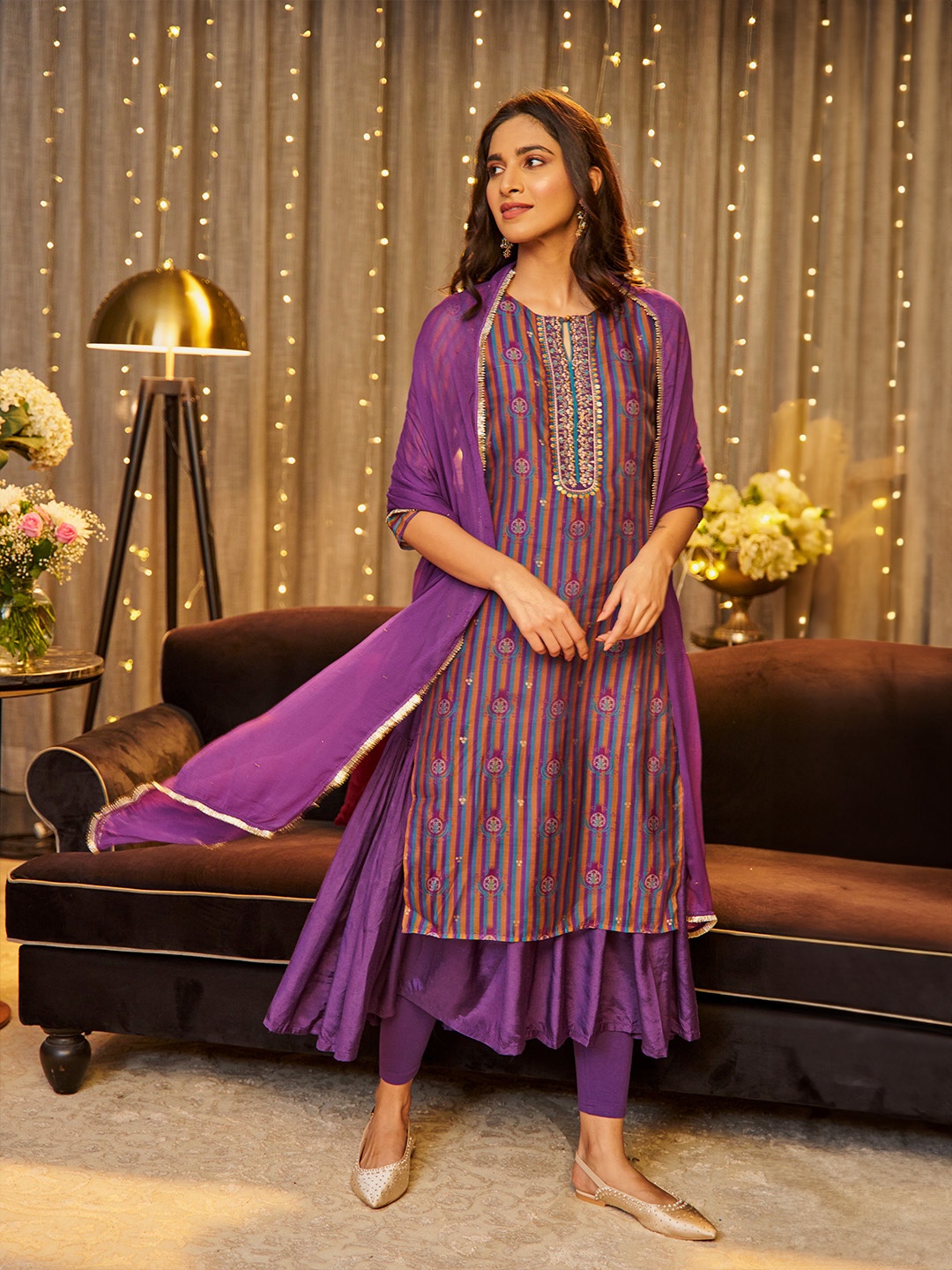 

W Striped Sequined Kurta With Dupatta, Purple