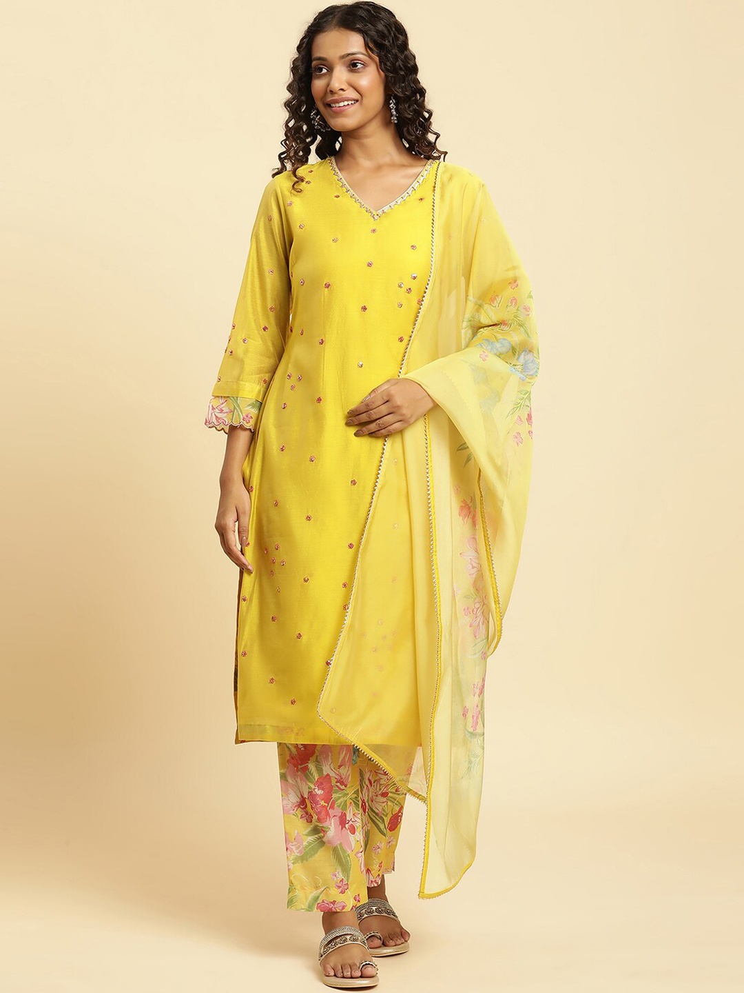 

W Floral Embroidered Regular Sequinned Kurta With Trousers & Dupatta, Yellow