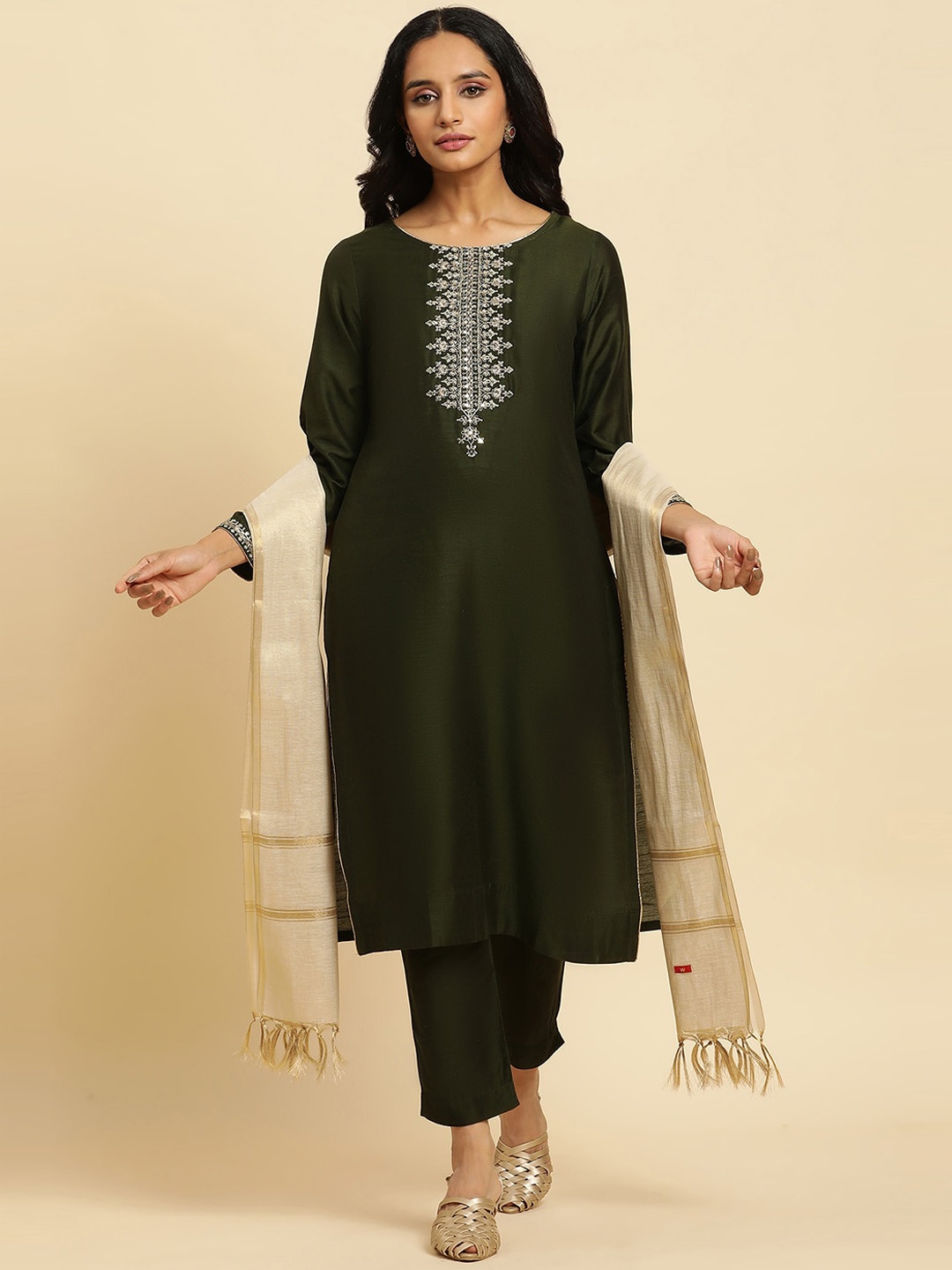 

W Ethnic Motifs Yoke Design Sequined Kurta with Trousers & Dupatta, Green