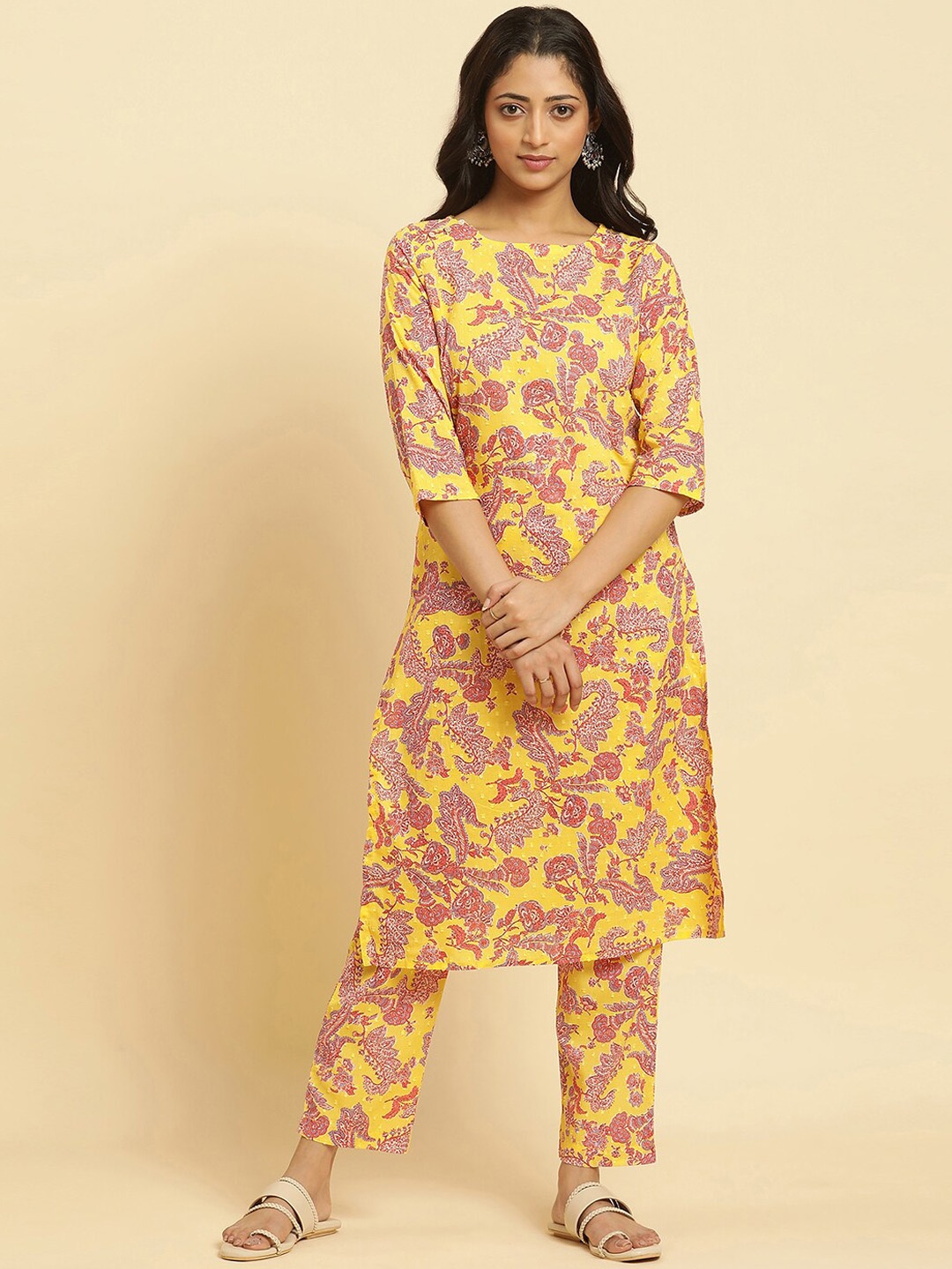 

W Floral Printed Regular Pure Cotton Kurta with Trousers, Yellow