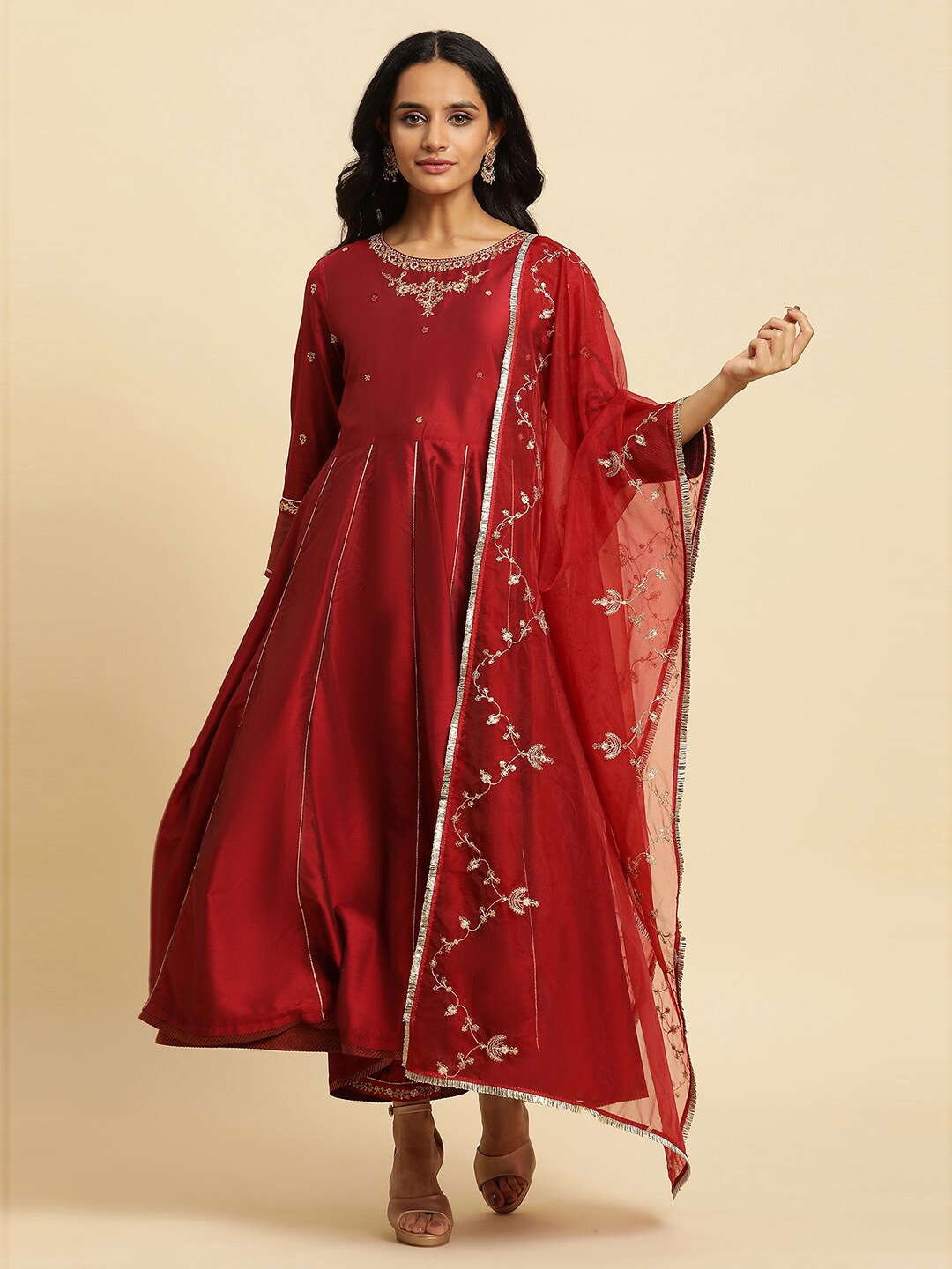 

W Floral Yoke Design Anarkali Kurta with Trousers & Dupatta, Red