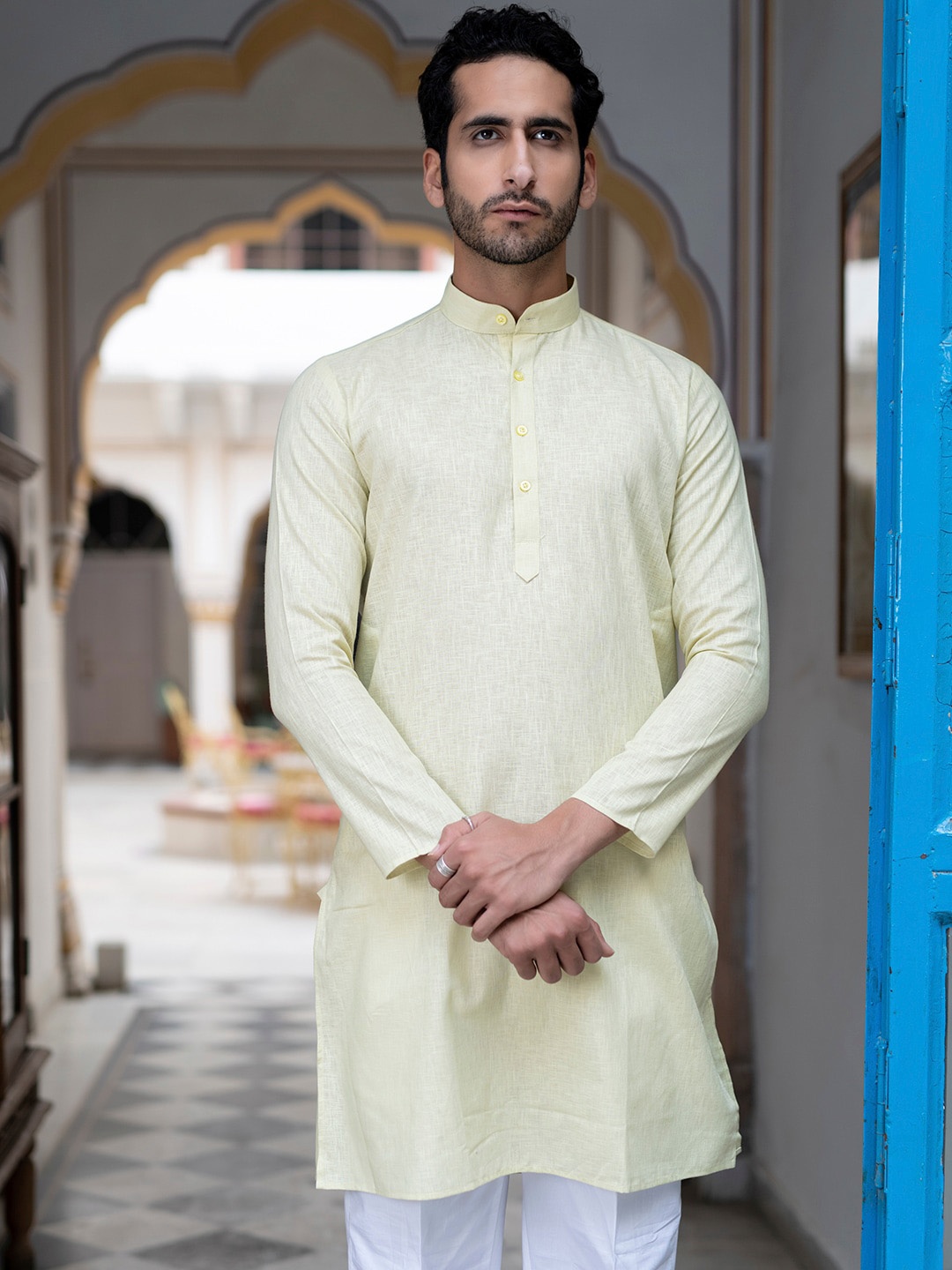 

Tistabene Mandarin Collar Linen Kurta, Beige