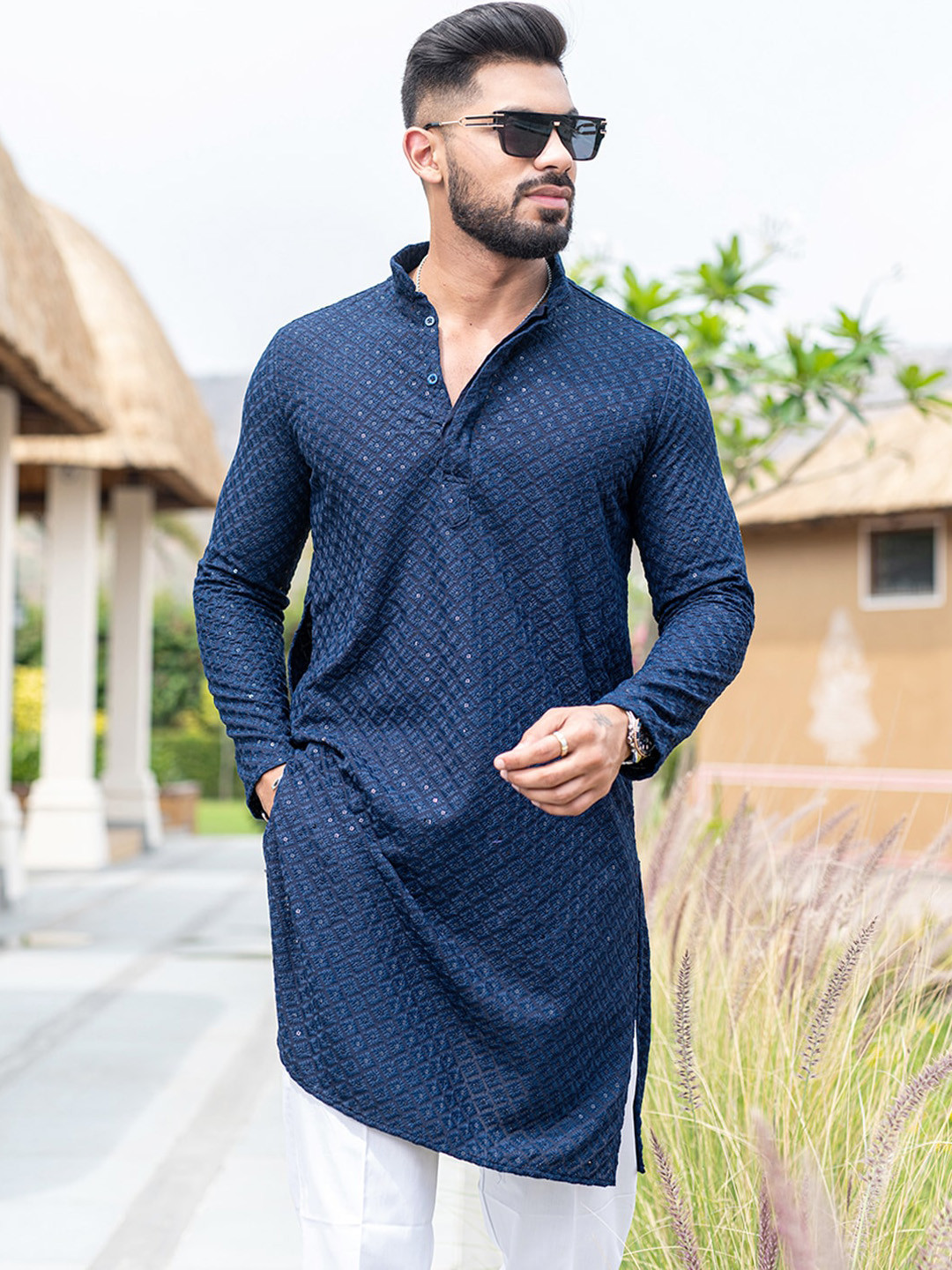 

Tistabene Embroidered Mandarin Collar Cotton Straight Kurta, Blue