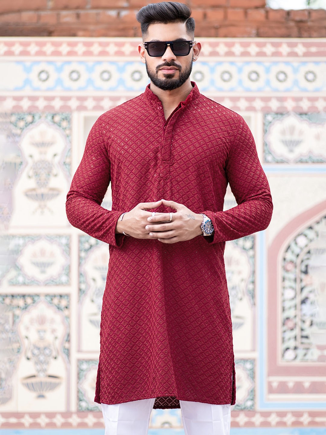 

Tistabene Embroidered Mandarin Collar Cotton Straight Kurta, Red