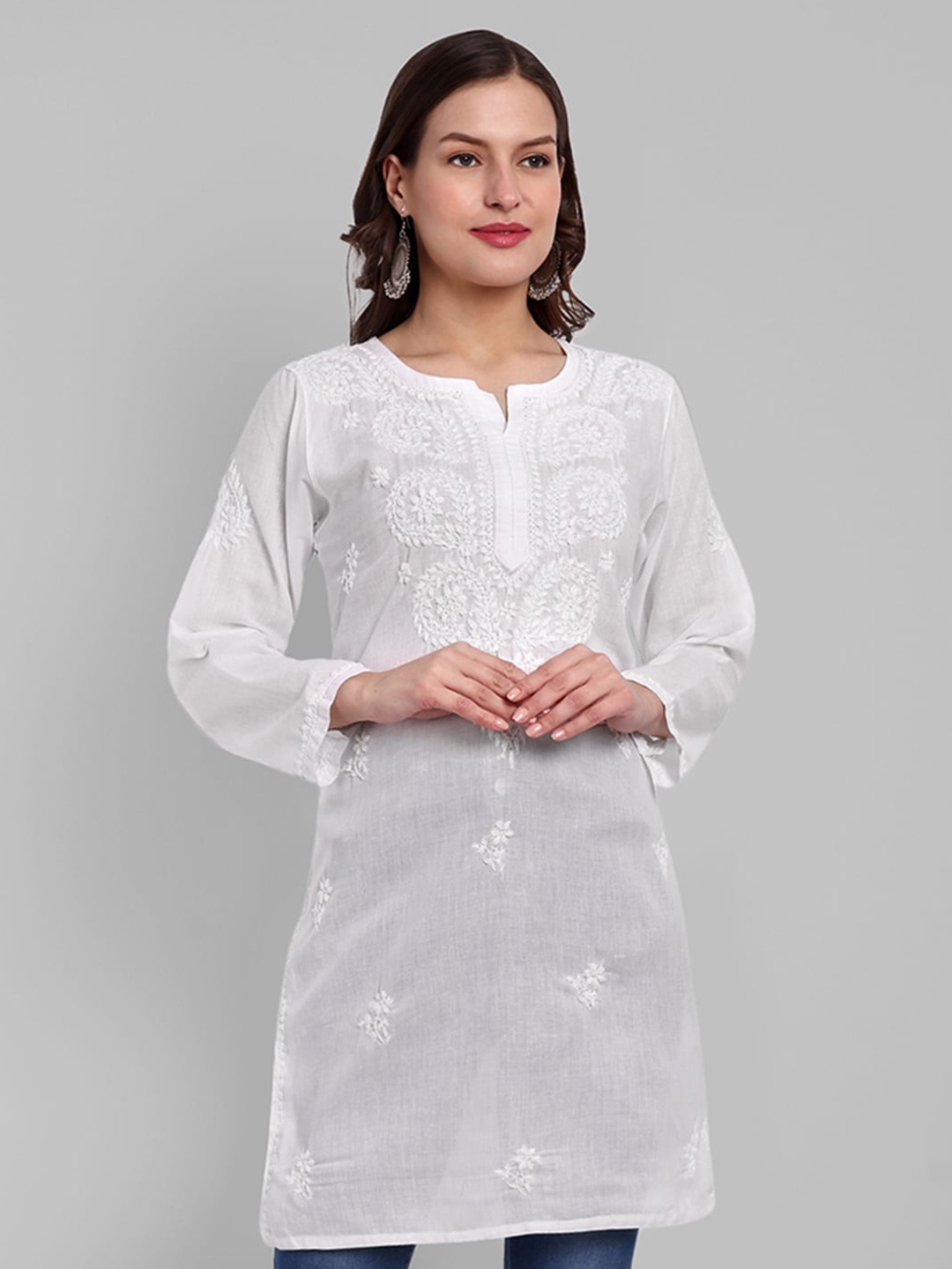 ADA Floral Embroidered Chikankari Pure Cotton Straight Kurti, White