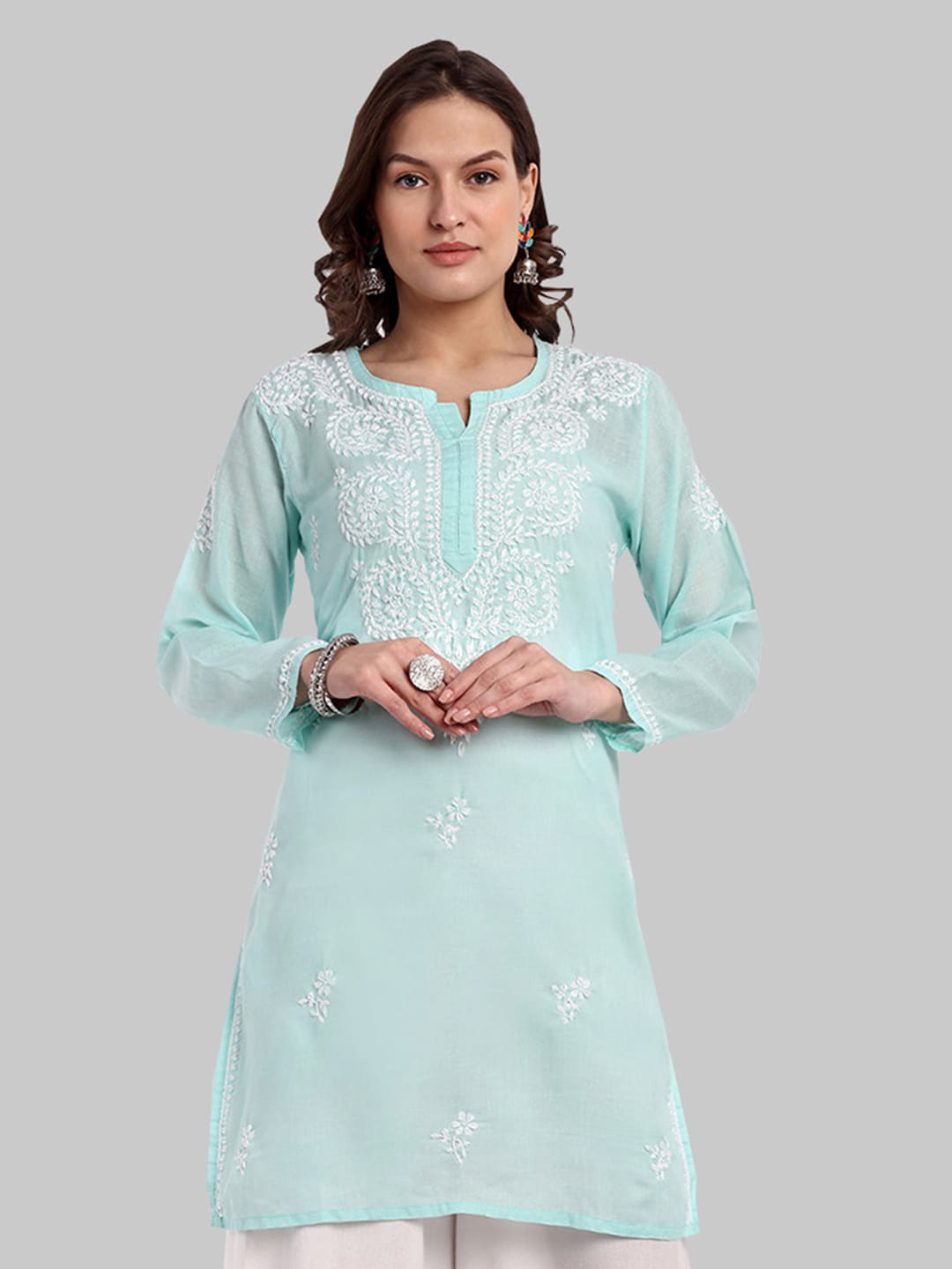 

ADA Sea Floral Embroidered Chikankari Pure Cotton Straight Kurti, Sea green