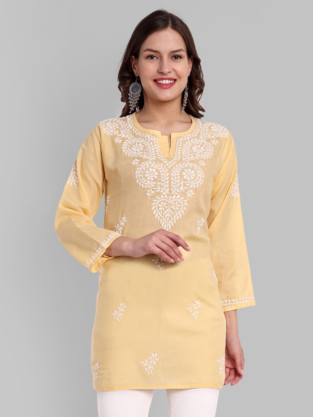 ADA Floral Embroidered Chikankari Pure Cotton Kurti, Yellow