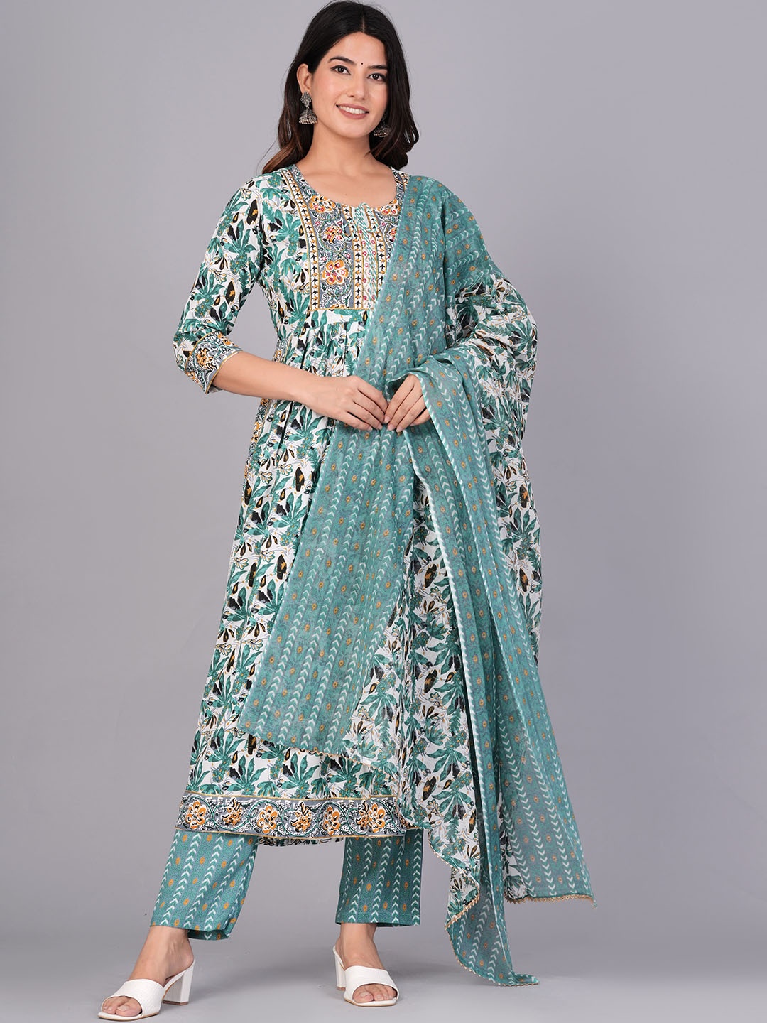 

KALINI Floral Printed Mirror Work A-line Kurta With Trousers & Dupatta, Green