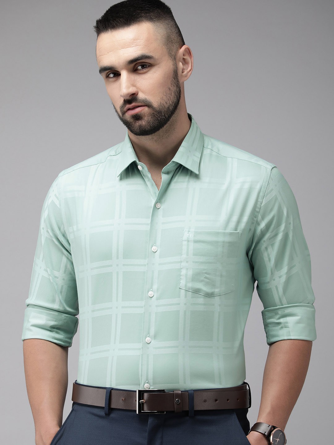 

Arrow Manhattan Slim Fit Self Design Checked Formal Shirt, Blue
