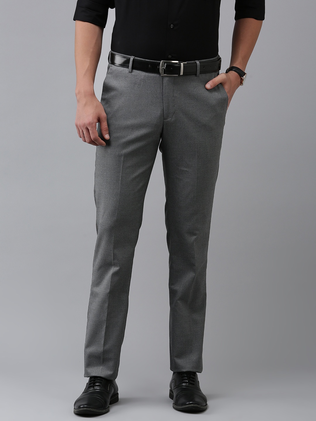 Arrow Men Checked Tailored Fit Formal Trousers, Grey