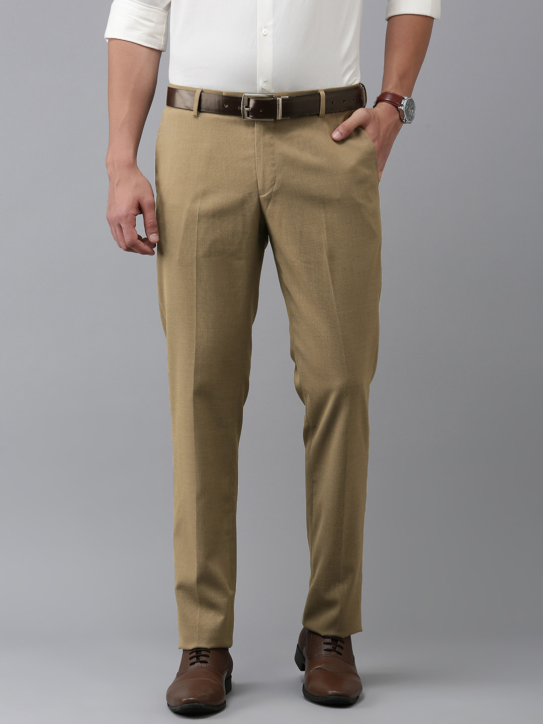 

Arrow Men Solid Regular Fit Tailored Formal Trousers, Khaki