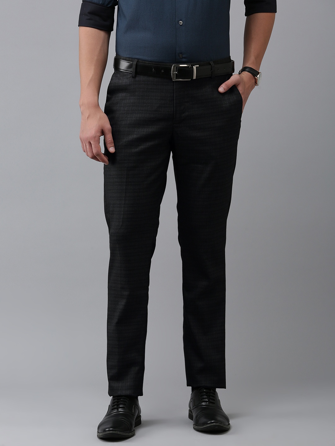 

Arrow Men Checked Tailored Fit Formal Trousers, Charcoal