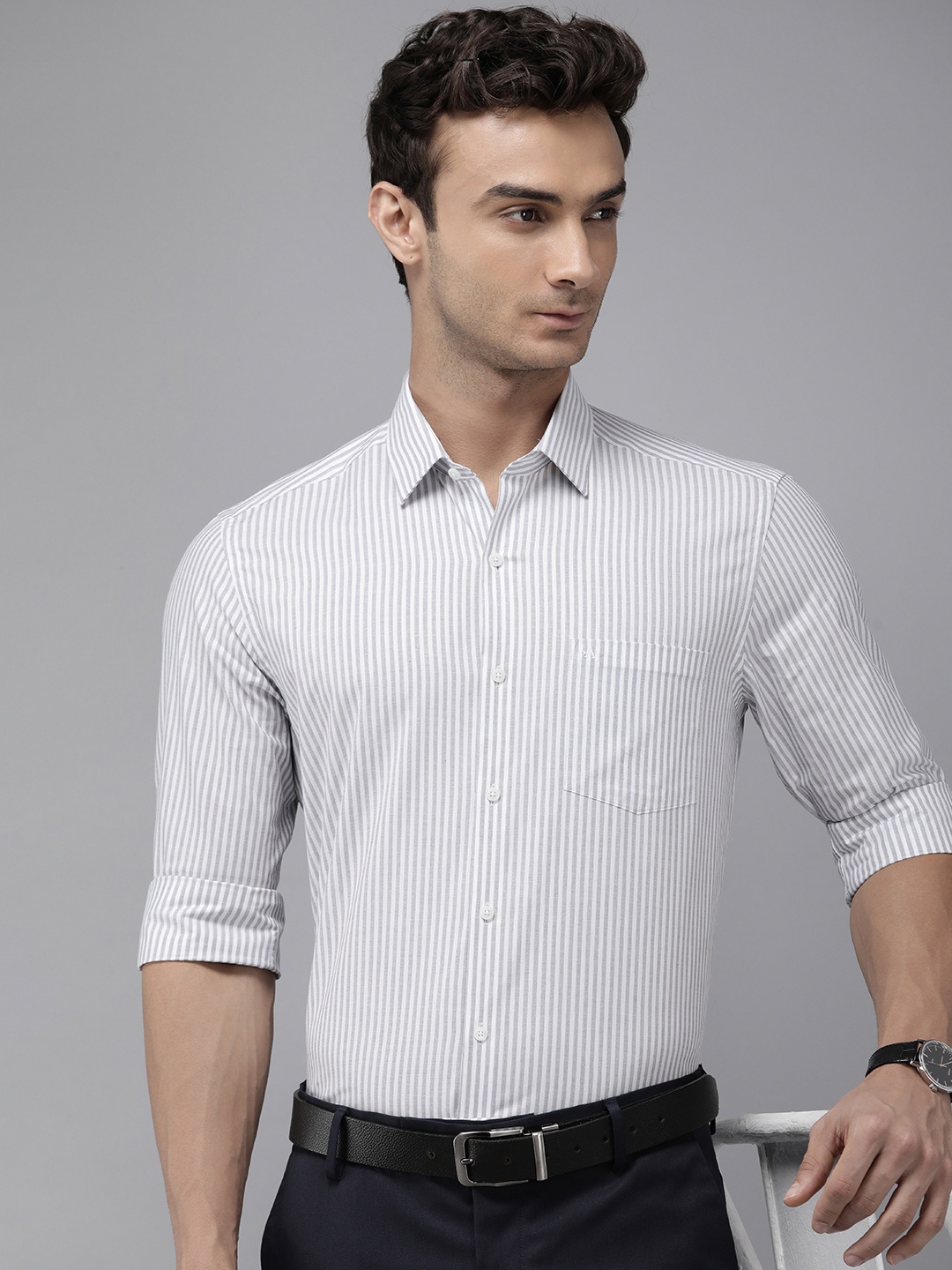 

Arrow Manhattan Slim Fit Striped Pure Cotton Formal Shirt, Grey