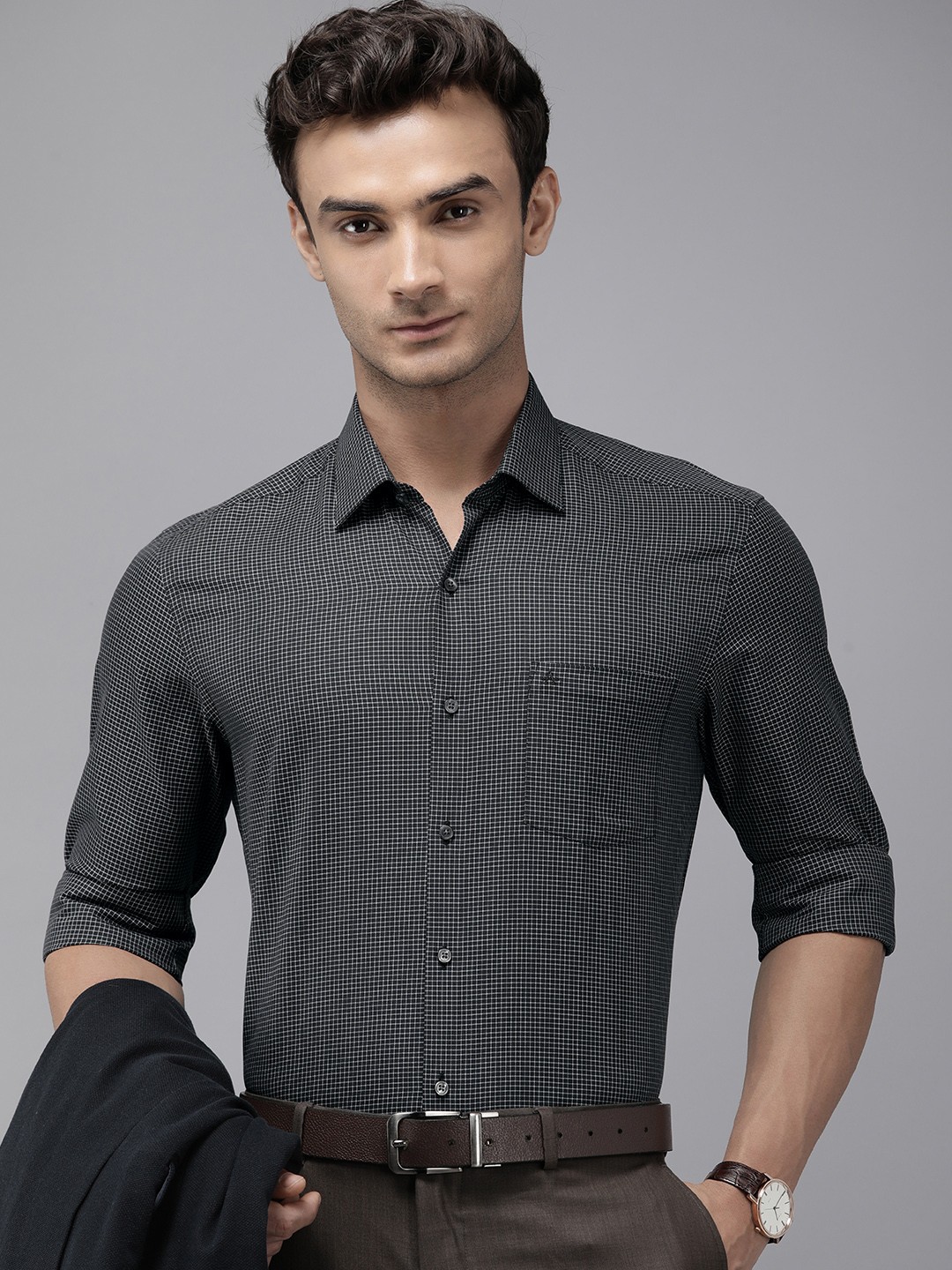 

Arrow Manhattan Slim Fit Grid Tattersall Checked Pure Cotton Formal Shirt, Black