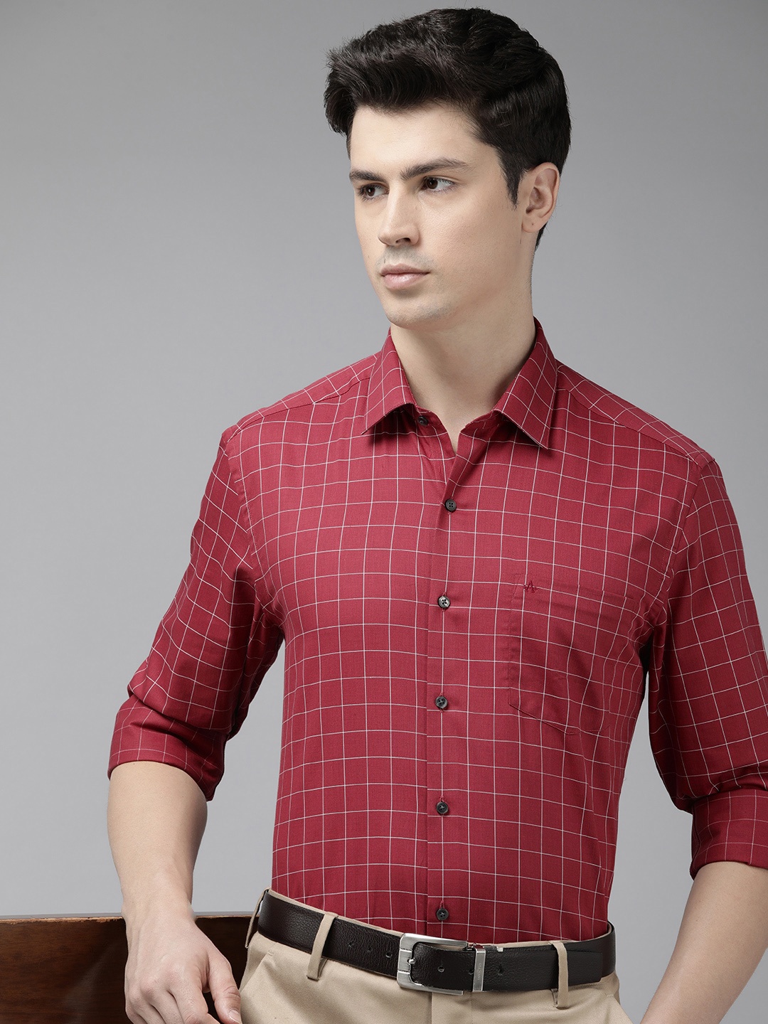 

Arrow Pure Cotton Manhattan Slim Fit Grid Tattersall Checked Formal Shirt, Red