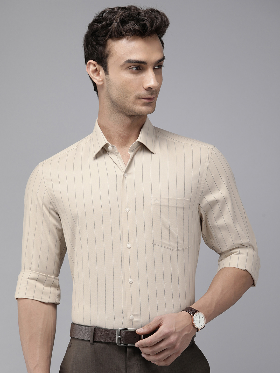 

Arrow Pure Cotton Originals Manhattan Slim Fit Striped Formal Shirt, Beige