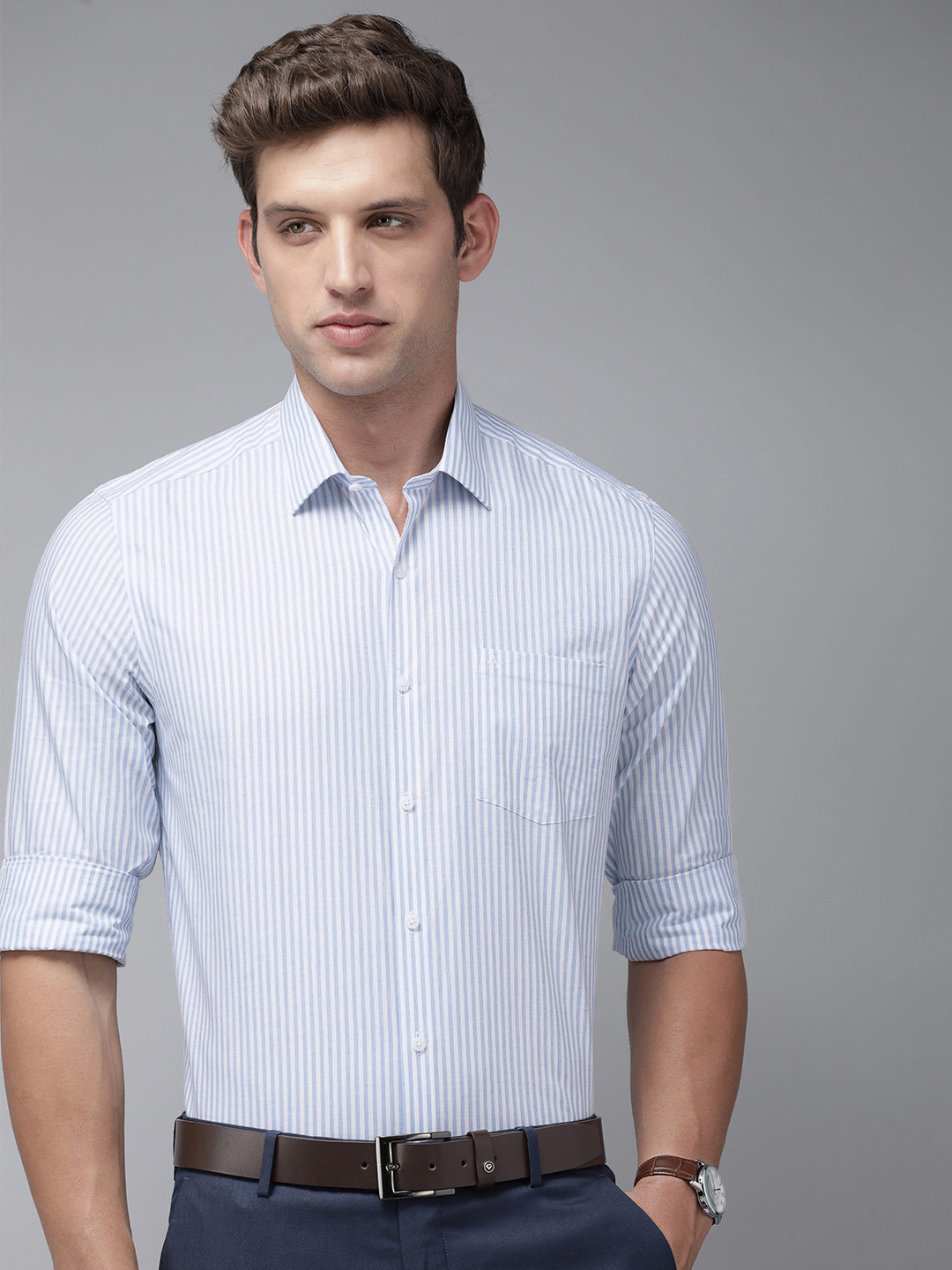 

Arrow Manhattan Slim Fit Striped Pure Cotton Formal Shirt, Blue