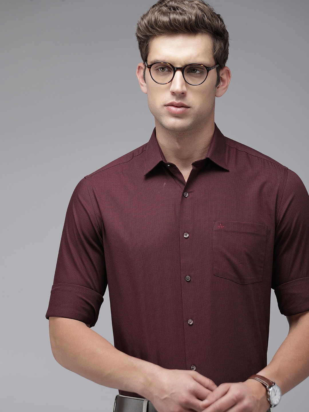 

Arrow Men Self Design Textured Manhattan Slim Fit Opaque Formal Shirt, Maroon