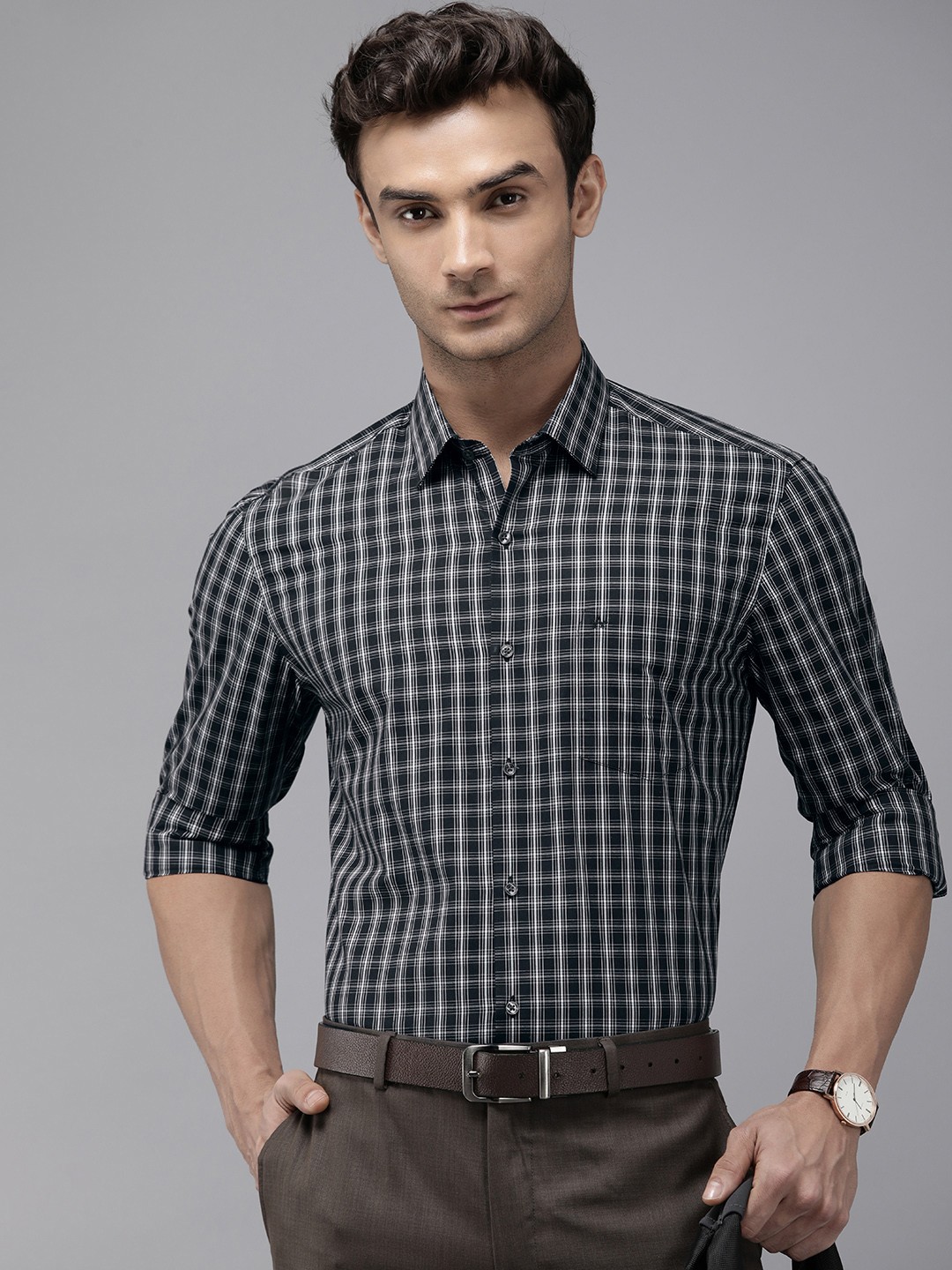 

Arrow Manhattan Slim Fit Checked Pure Cotton Formal Shirt, Black