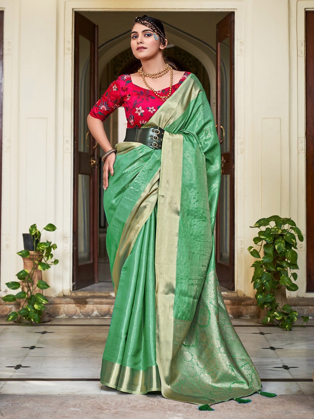 

Mitera Woven Design Embroidered Kanjeevaram Saree, Green