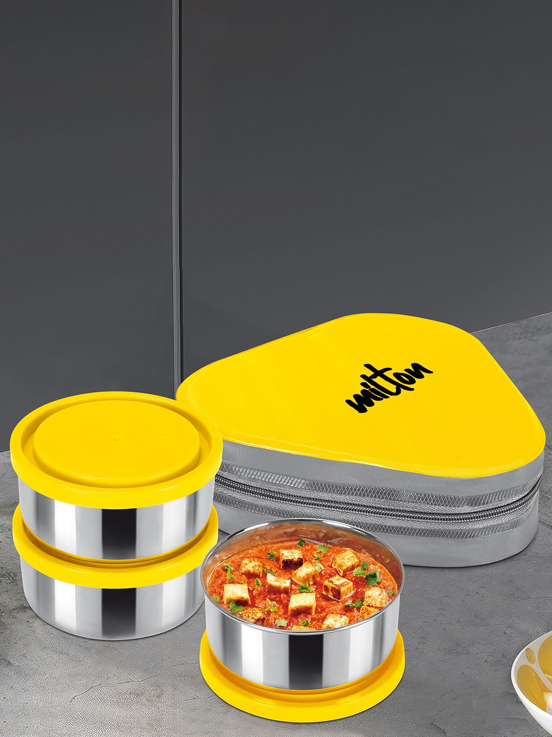 

Milton Triyum Stainless Steel Tiffin 3 Containers 280 ml Each With Jacket Spoon & Fork, Yellow