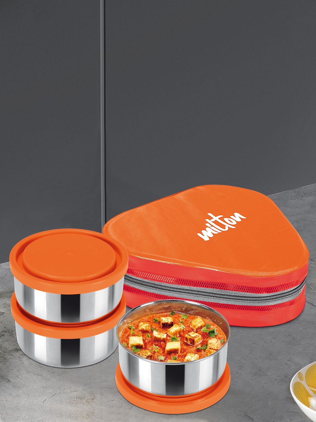 

Milton Triyum Orange 3-Pcs Containers With Spoon & Fork & Jacket - 280ml Each