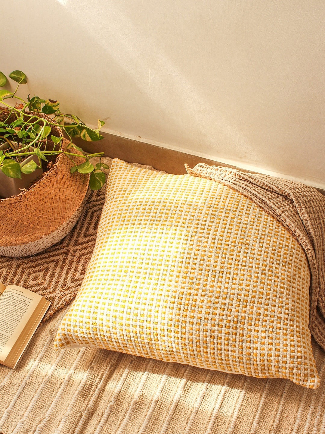 

House This Yellow & White Cotton Square Cushion Cover