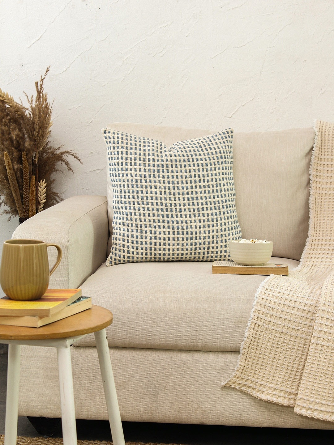 

House This Navy Blue & Cream-Coloured Checked Cotton Square Cushion Cover