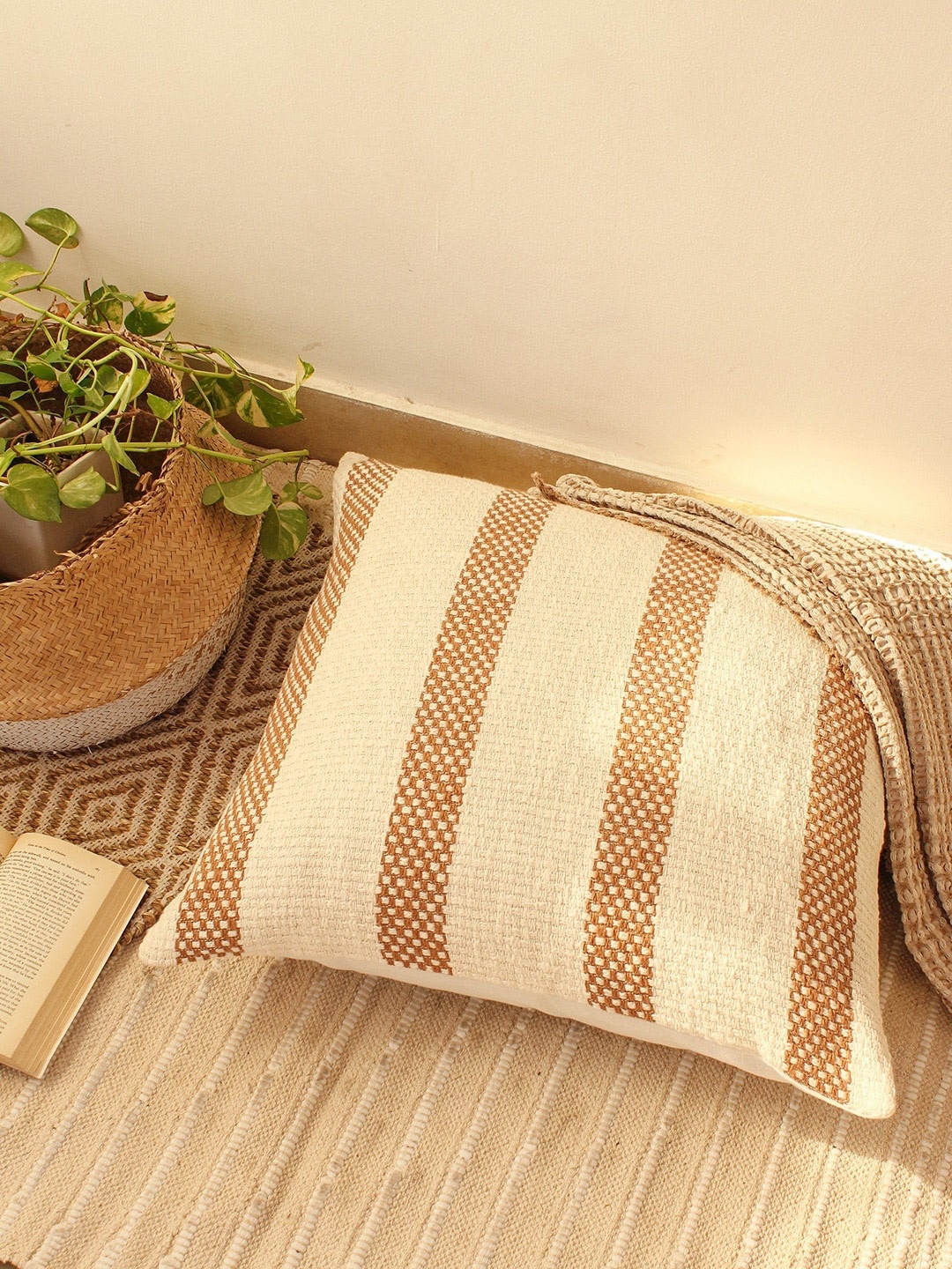 

House This Shivalik Brown & Cream-Coloured Striped Cotton Square Cushion Cover