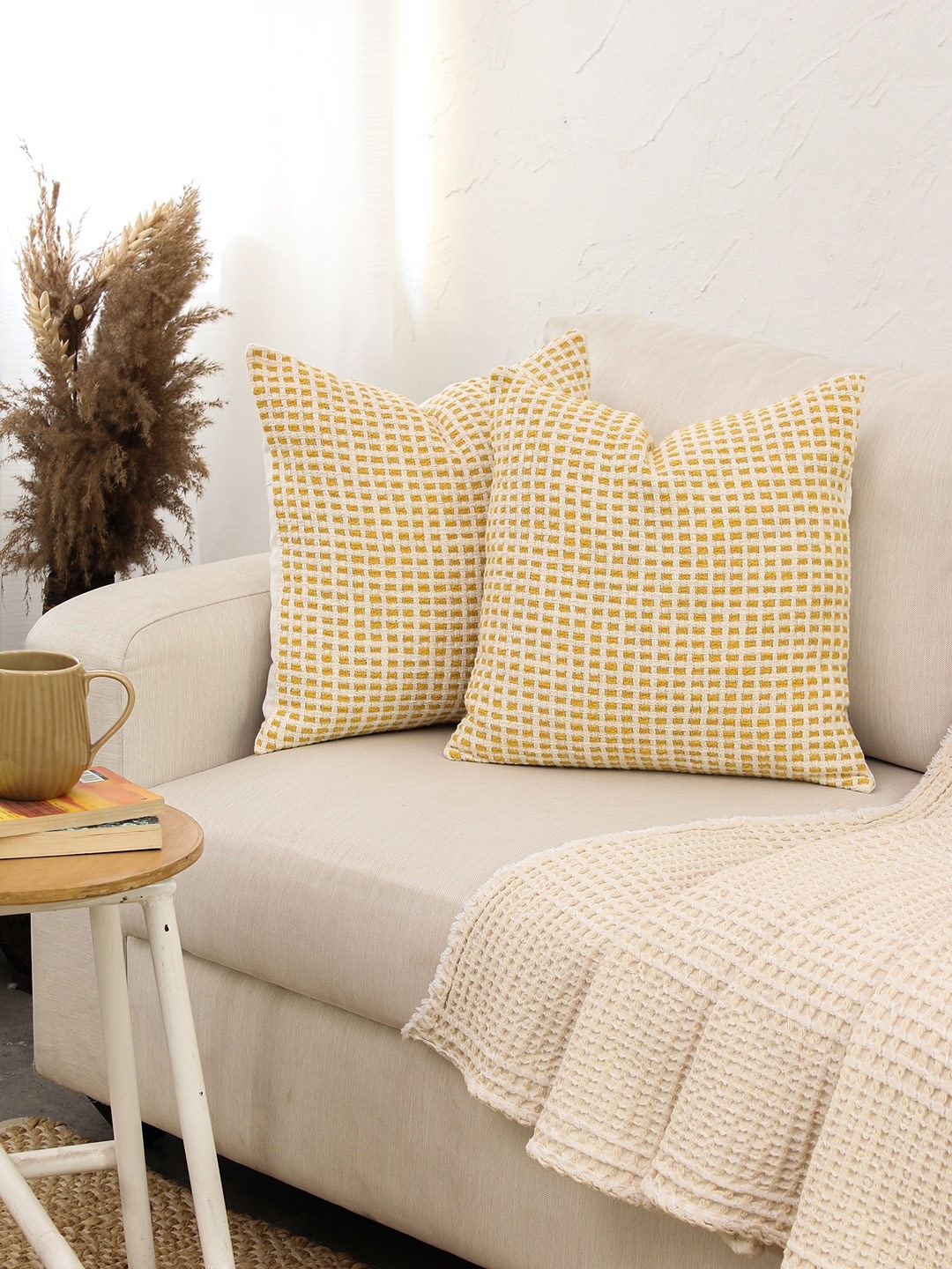 

House This Yellow & White 2 Pieces Embroidered Cotton Square Cushion Covers