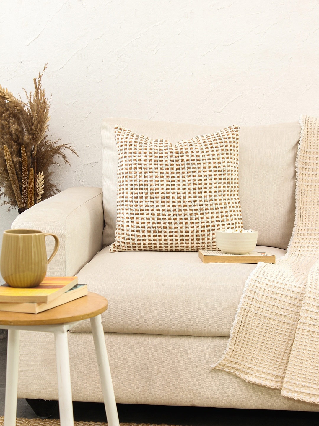 

House This Girnar Brown & White Geometric Self Design Cotton Square Cushion Cover
