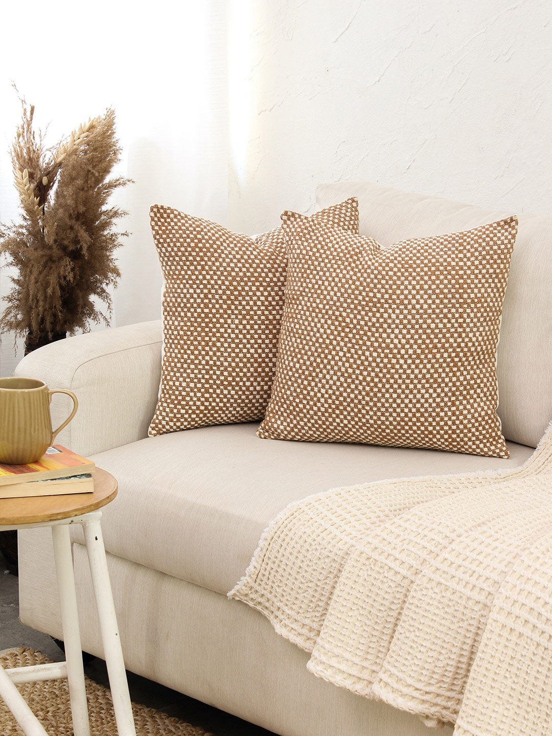 

House This Vindhya Brown & Cream-Coloured 2 Pieces Cotton Square Cushion Covers