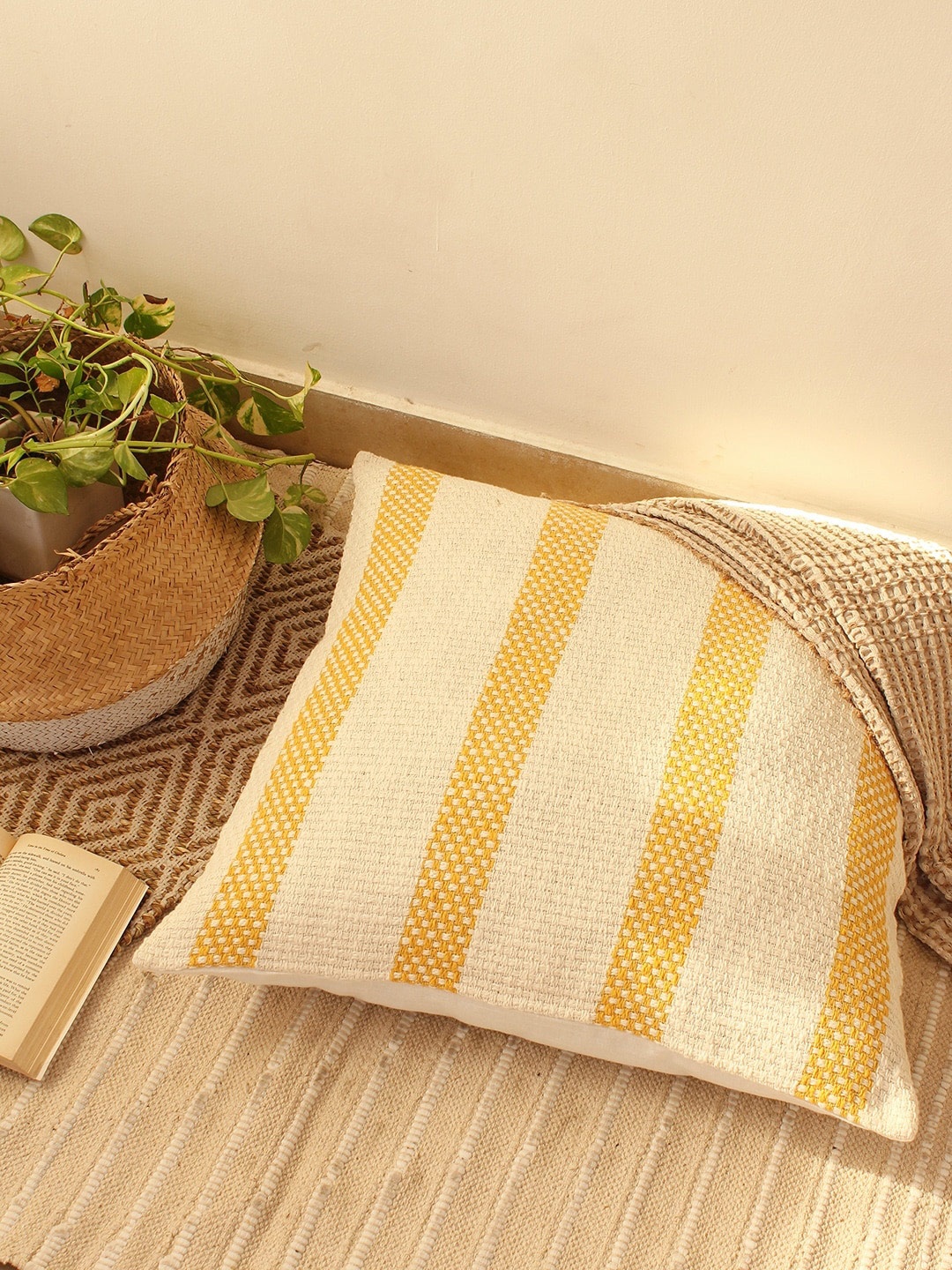 

House This Yellow & Cream-Coloured Striped Cotton Square Cushion Cover