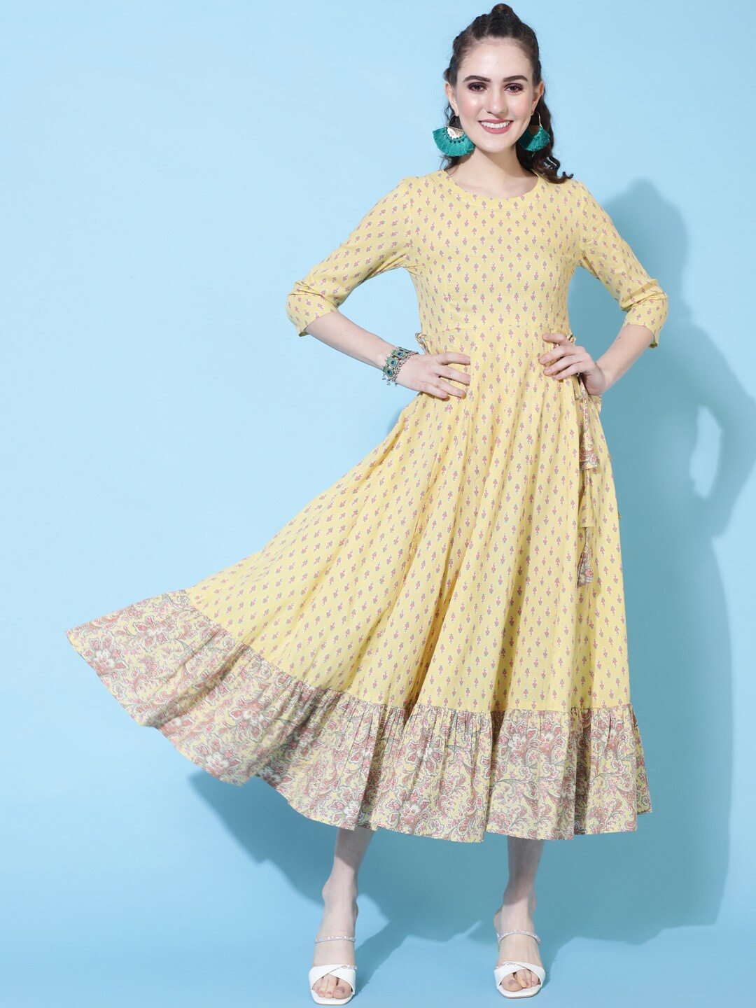 

KIMAYRA Floral Printed Cotton Fit & Flare Dress, Yellow