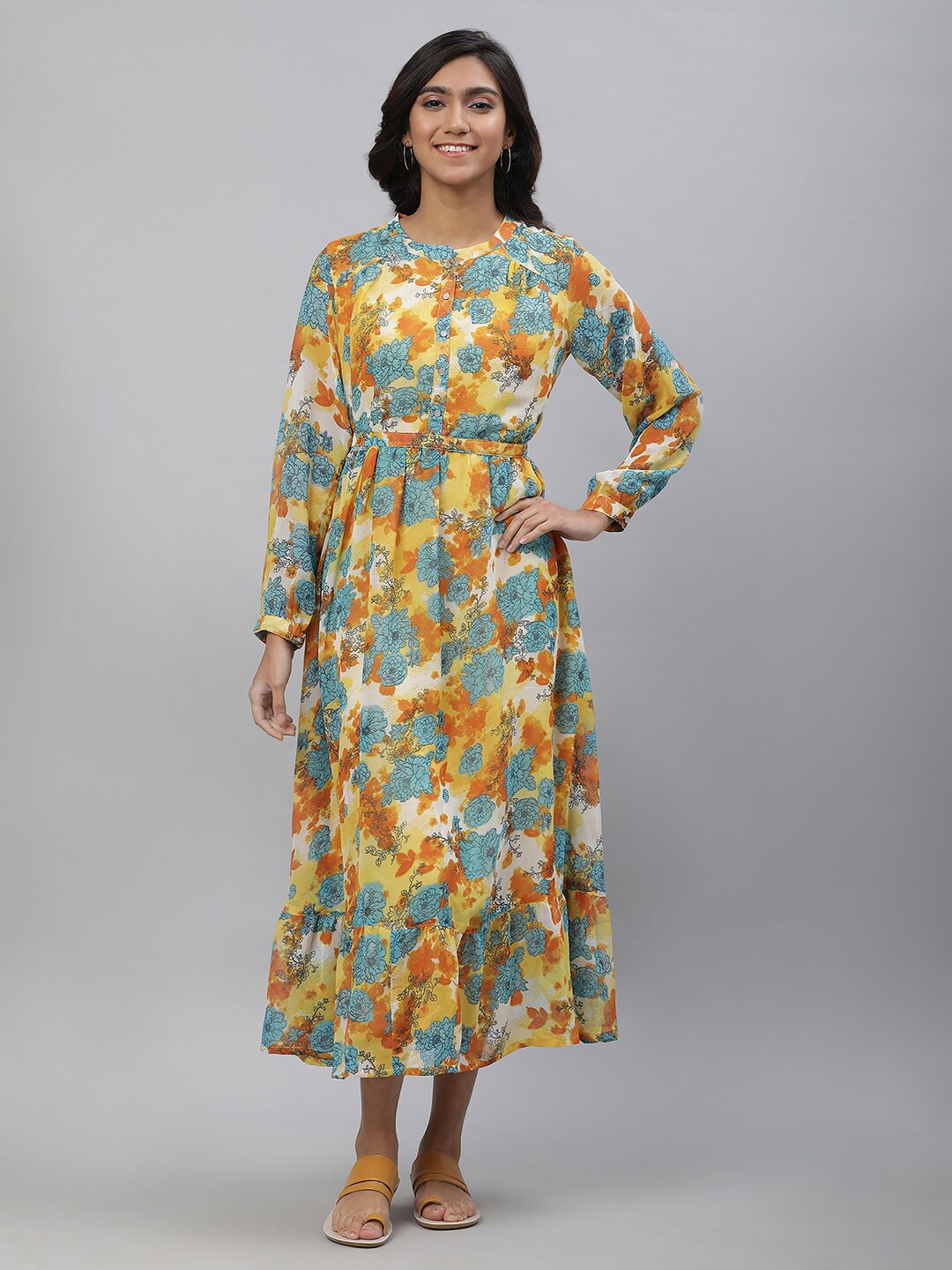 

AURELIA Floral Printed Cuffed Sleeves Pleated A-Line Midi Dress, Yellow