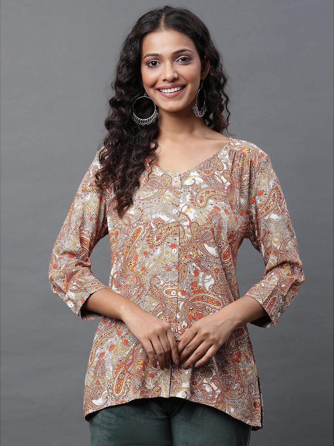 

AURELIA Ethnic Motifs Printed V-Neck Cuffed Sleeves Top, Off white