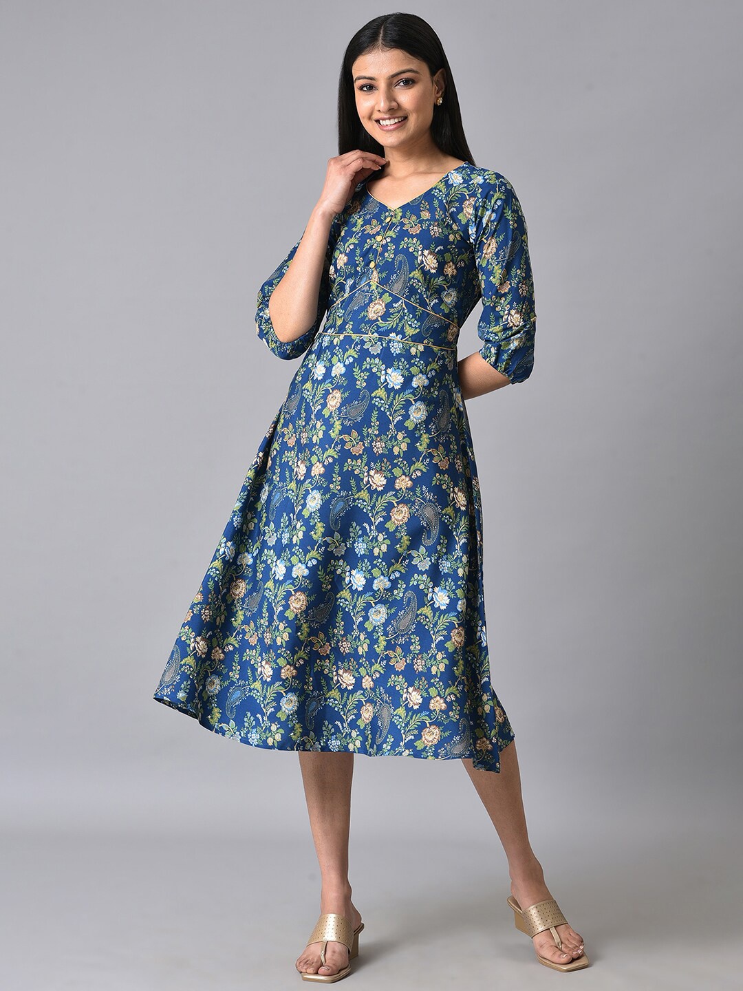 

AURELIA Floral Printed V-Neck Puff Sleeves A-Line Midi Dress, Blue