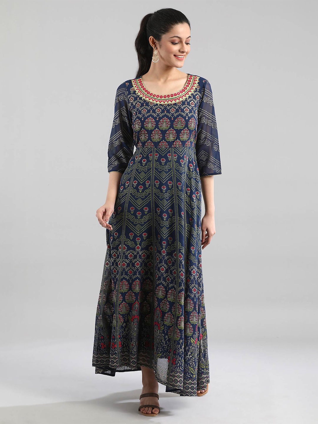 

AURELIA Printed Georgette Ethnic Maxi Dress, Navy blue