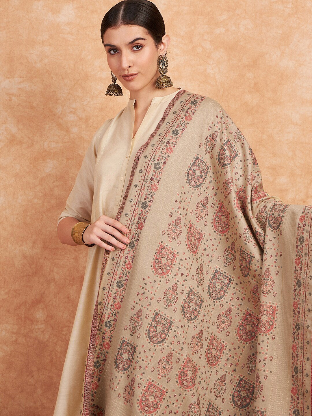 

Sangria Ethnic Motifs Woven Design Winter Pashmina Shawl, Beige
