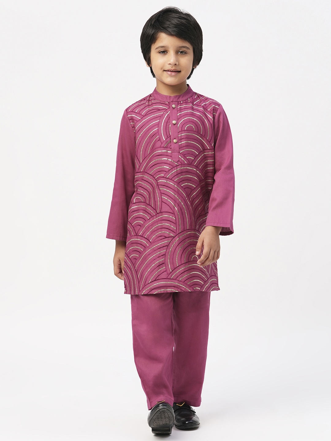 

LIL DRAMA Boys Embroidered Thread Work Pure Cotton Kurta with Pyjamas, Purple