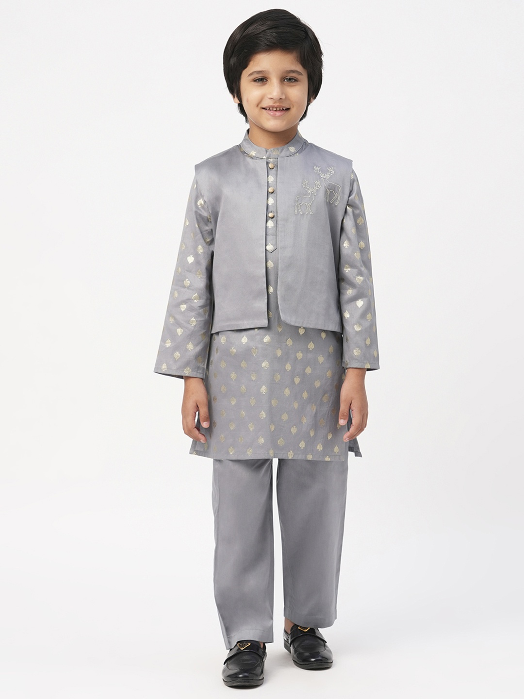 

LIL DRAMA Boys Ethnic Motifs Printed Pure Cotton Kurta With Pyjamas & Jacket, Grey